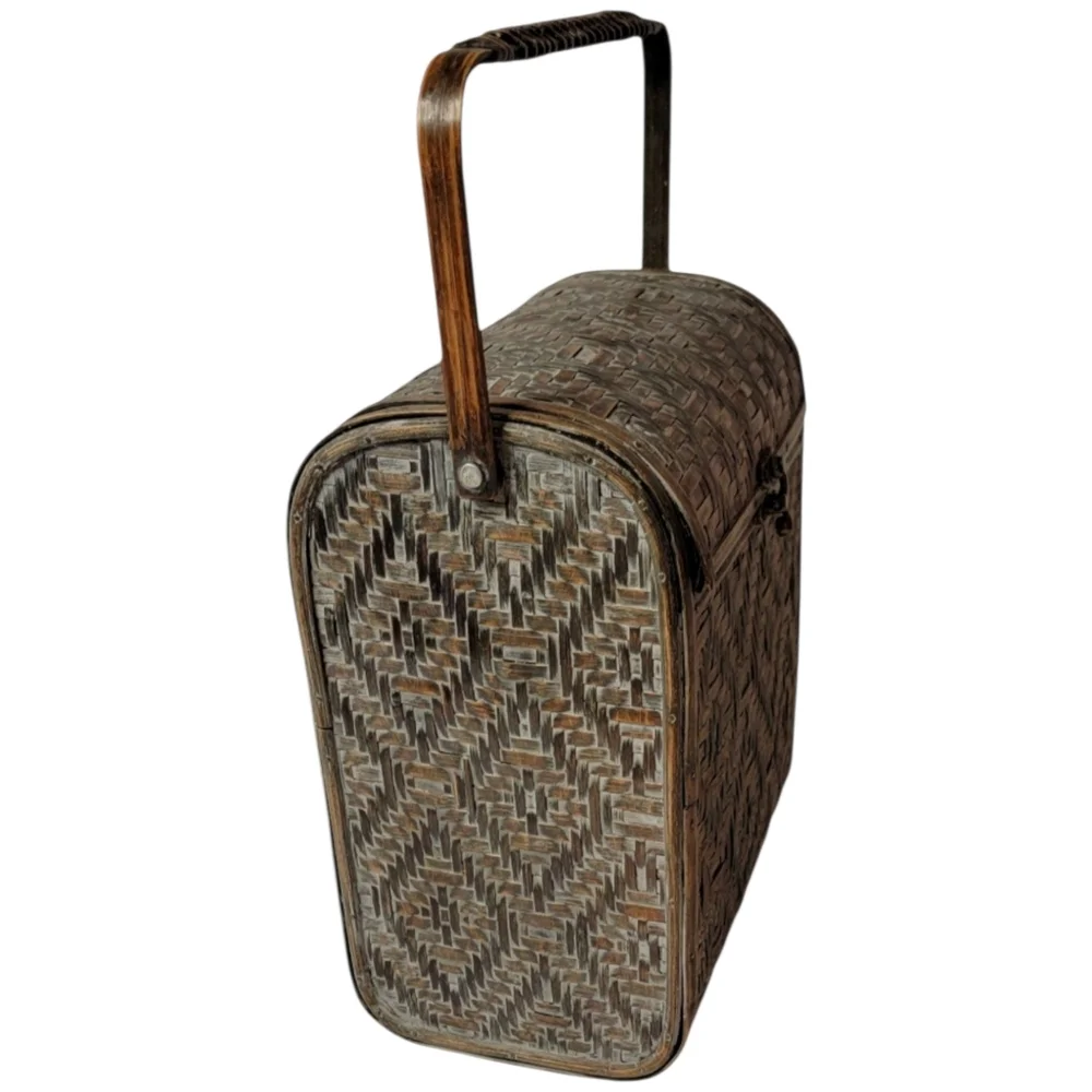 Vintage Geometric Wicker Wood Treasure Chest Basket Purse Bag Hinged Lid Latch